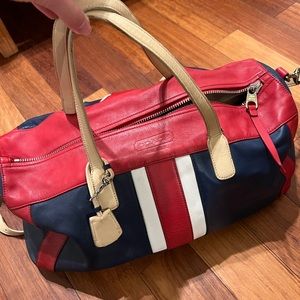 Vintage Authentic COACH New York Red Blue Leather Travel Duffle Bag